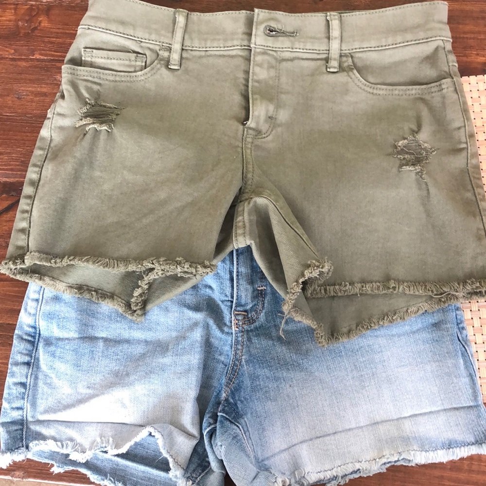 Abercrombie green and washed blue to white shorts.